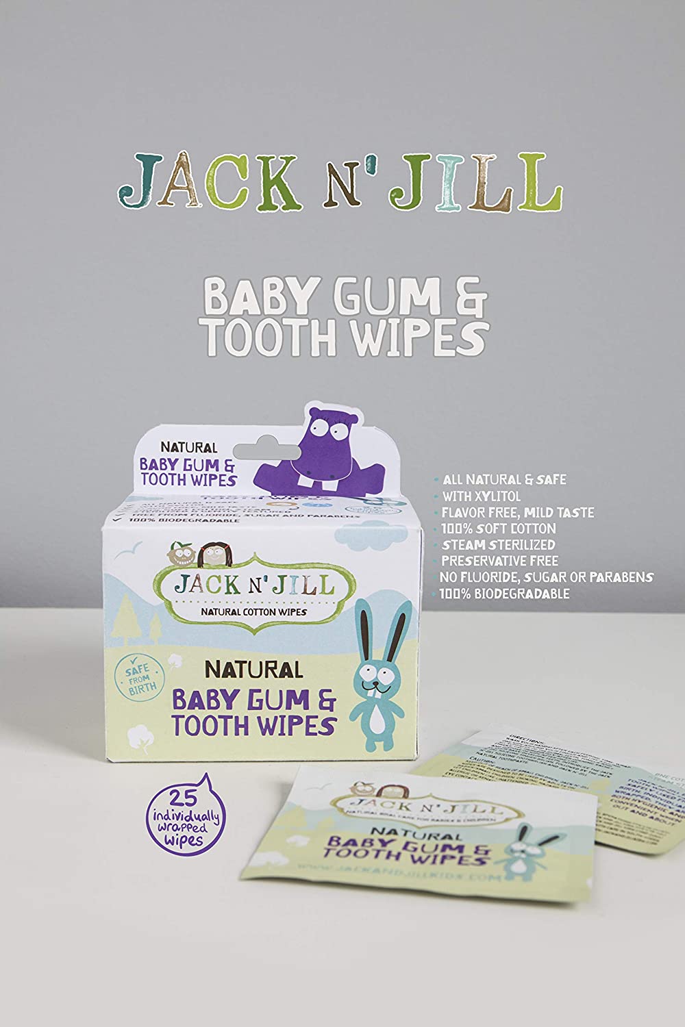 Jack N' Jill Natural Baby Gum & Tooth Wipes, 25 pcs, Baby Oral Cleaner, Individually Wrapped, Contains Only Water & Xylitol