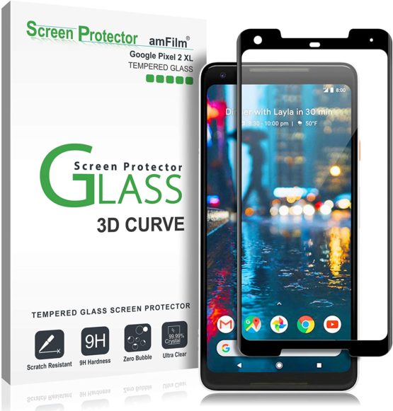 Google Pixel 2 XL Screen Protector Glass, amFilm Full Cover (3D Curved) Tempered Glass Screen Protector with Dot Matrix for Google Pixel 2 XL (Black)