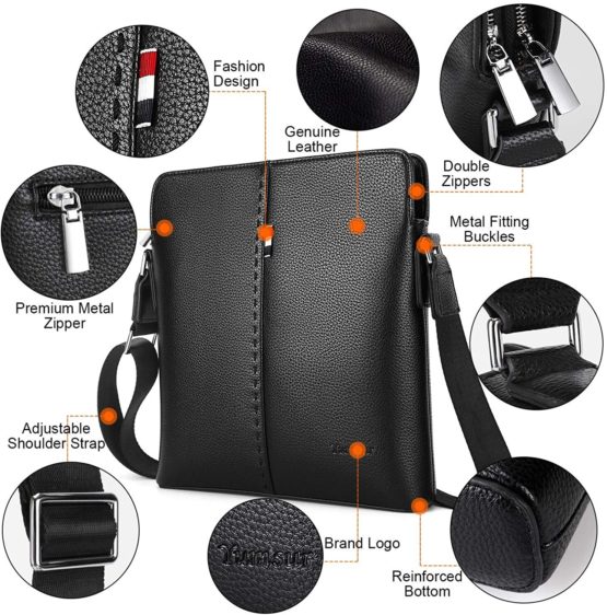 YumSur Mens Shoulder Bag, Genuine Leather Messenger Handbag Crossbody Bag for Men Purse iPad Bag for Business Office Work School with Adjustable Strap Black - Image 4