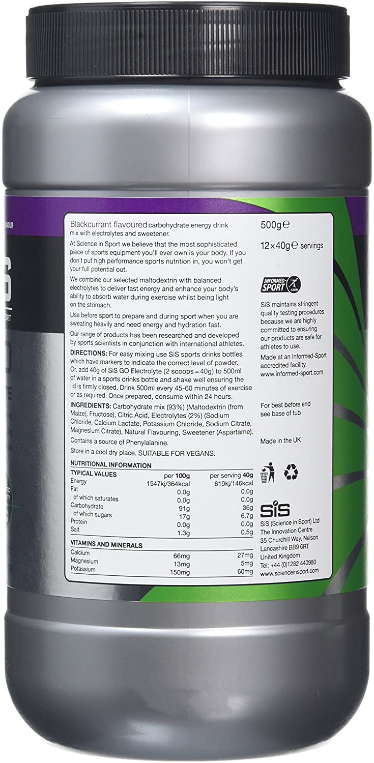 Science In Sport GO Electrolyte Powder Energy Drinks, High Carbohydrates and Sodium, Blackcurrant Flavour, 12 Servings Per 500 g - Image 2