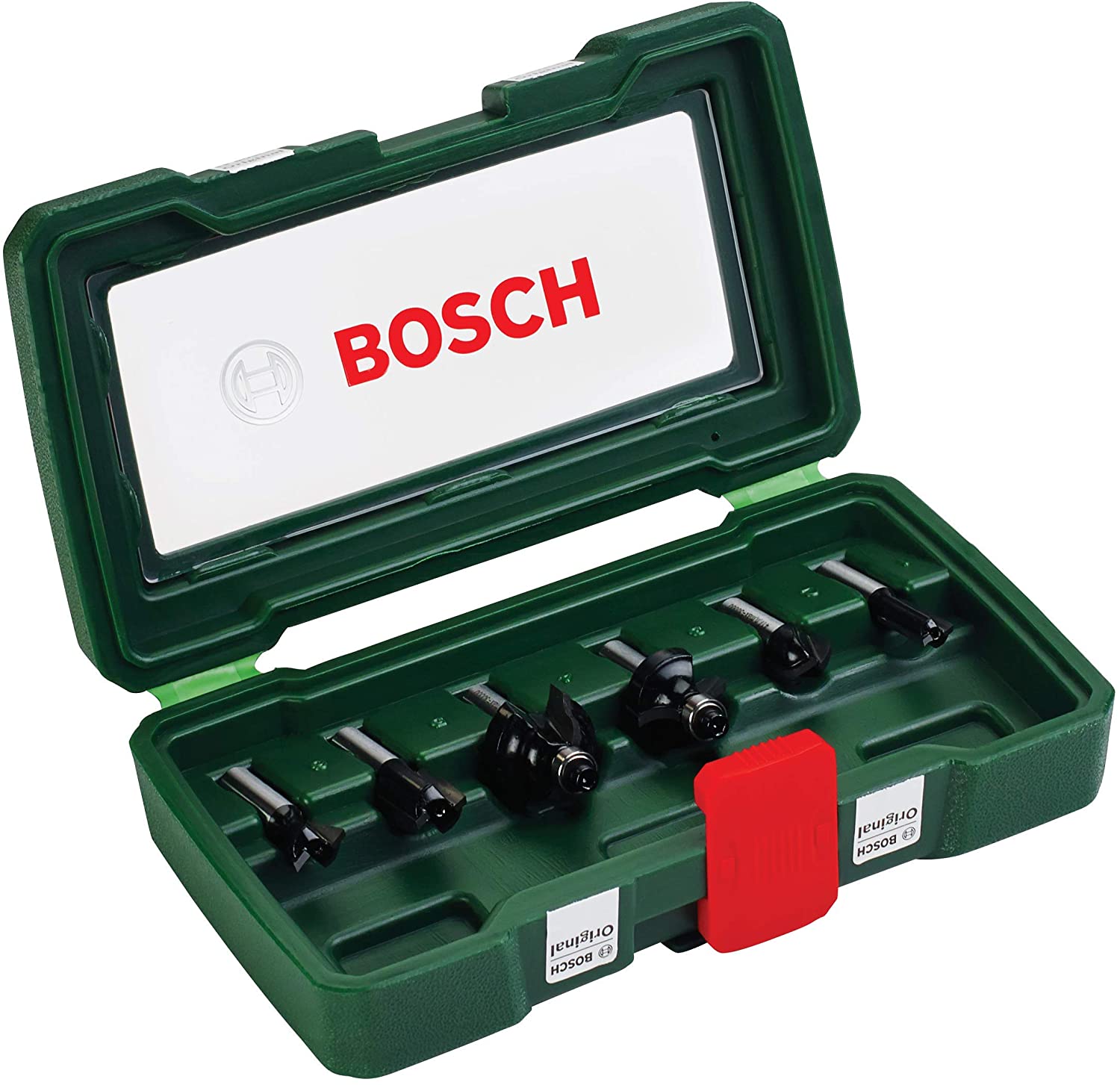 Bosch 6-Piece Tungsten Carbide Router Bit Set (for Wood Shank diameter 8 mm, Accessory Routers), Silver/Black, 6-Piece Set