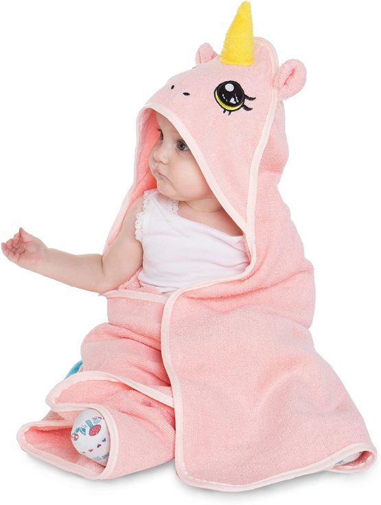 corimori 1846 - Hooded Baby Towel 100% Cotton Bath Wrap Newborn Infant With Greeting Card 75cm x 75cm, Rose The Pink Unicorn