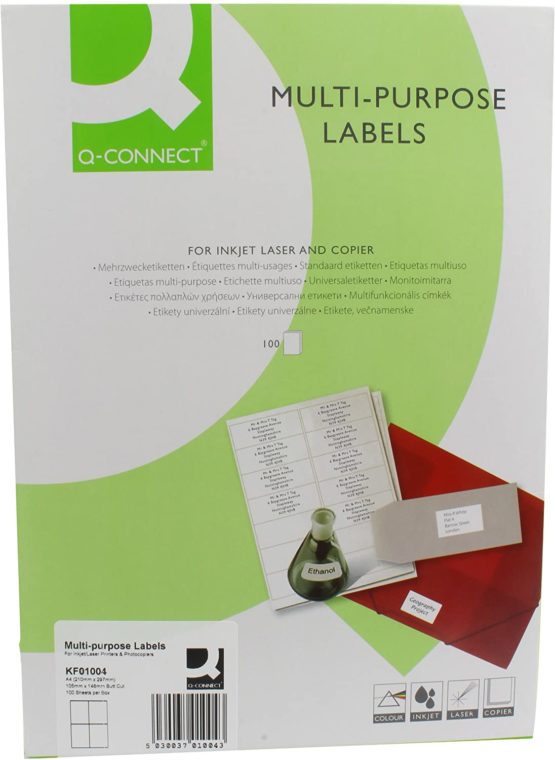 Q-Connect 4 Label/A4 Sheet KF01004, 105 x 148 mm - White, Pack of 100