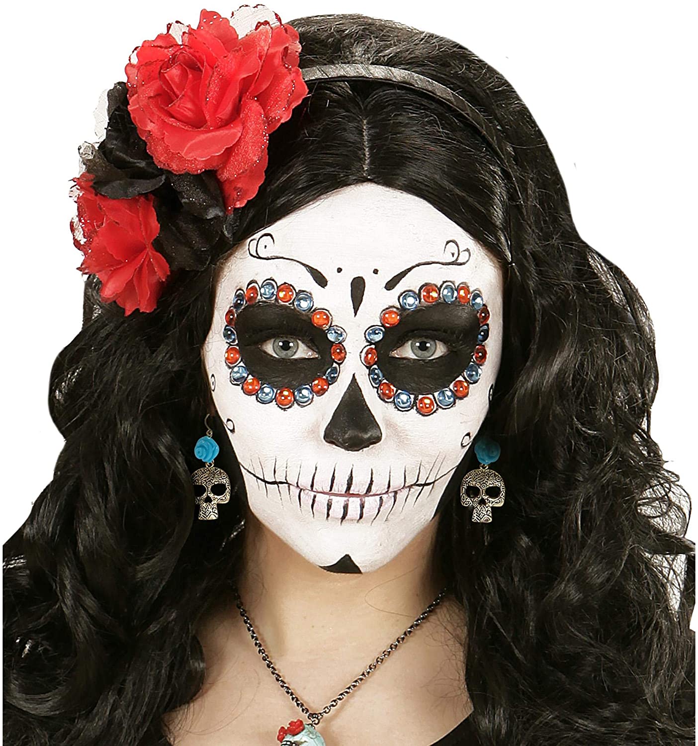 WIDMANN 03505, Pair of Earrings with Skull and Rose, Adult Woman, Dia De Los Muertos, Skeletons, Halloween, Carnival - Image 3