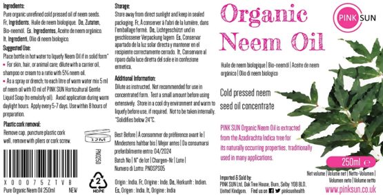 Pure Organic Neem Oil 250ml (or Select 1 Litre) Cold Pressed Unrefined Virgin Concentrate - Natural for Plants and Pets Horses Dogs Skin and Hair Care PINK SUN - Image 2