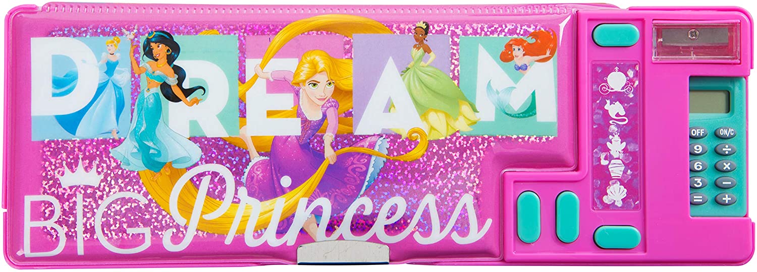 Disney Princess Pink Pencil Case with Compartments Double Sided Hardtop Shell 26 x 9 cm Kids School Stationery Pen Organiser for Girls Featuring Cartoon DVD Cinderella Rapunzel Tiana Jasmine Ariel