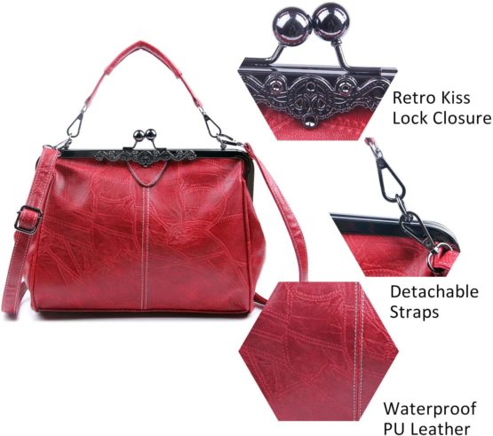 LUI SUI Women Retro Handbag, PU Leather Purse Vintage Top Handle Bag Kiss Lock Crossbody Shoulder Bag for Ladies - Image 4