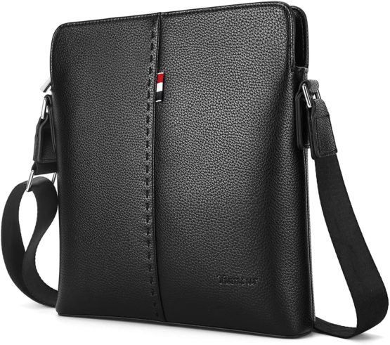 YumSur Mens Shoulder Bag, Genuine Leather Messenger Handbag Crossbody Bag for Men Purse iPad Bag for Business Office Work School with Adjustable Strap Black