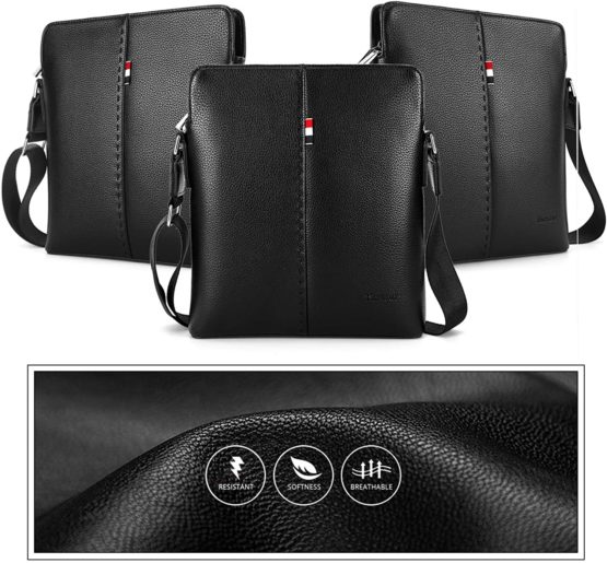 YumSur Mens Shoulder Bag, Genuine Leather Messenger Handbag Crossbody Bag for Men Purse iPad Bag for Business Office Work School with Adjustable Strap Black - Image 3