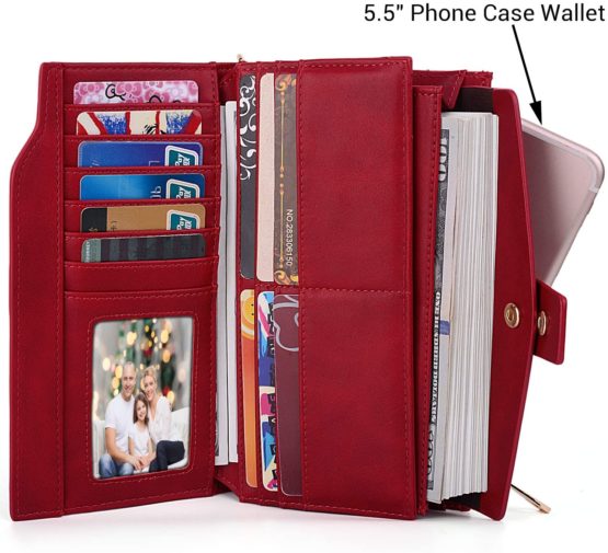 UTO RFID Blocking Phone Wallet for Women Ladies Wristlet Clutch Purse 21 Slots Card Organizer Fits 5.5' Cellphone PU Leather Red - Image 4