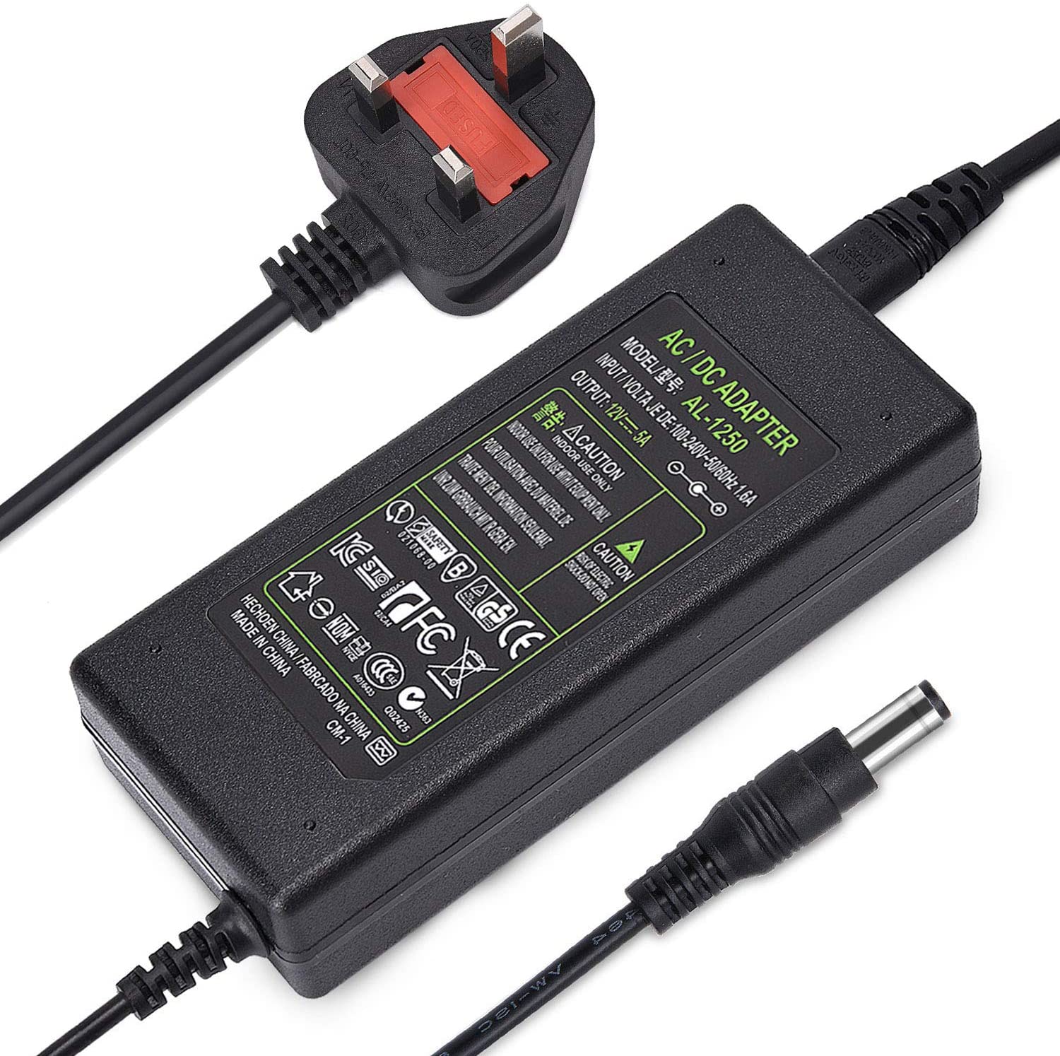 AC 100-240V to DC 12V 5A Regulated Power Adapter, UK Plug Cord