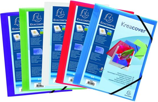 Exacompta - Ref. 55189E - Pack of 5 customizable translucent Polypropylene elastic flap folders - Kreacover - A4 - Assorted Colours