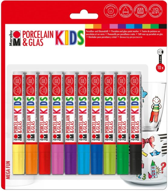 Marabu 0125000000084 - Porcelain and Glass Painter Kids Set Mega Fun, porcelain crayons for children Set of 10, dishwasher safe after firing, universal tip 1 - 3 mm