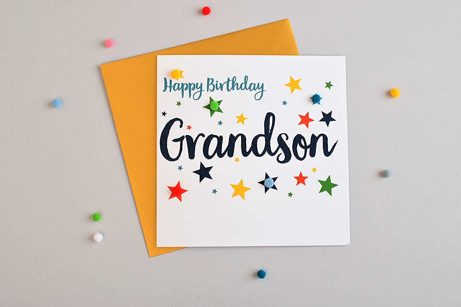 Claire Giles Greeting Cards, Happy Birthday Grandson Card, Stars design Birthday Greeting Card, Embellished with colourful Pompoms - Image 3
