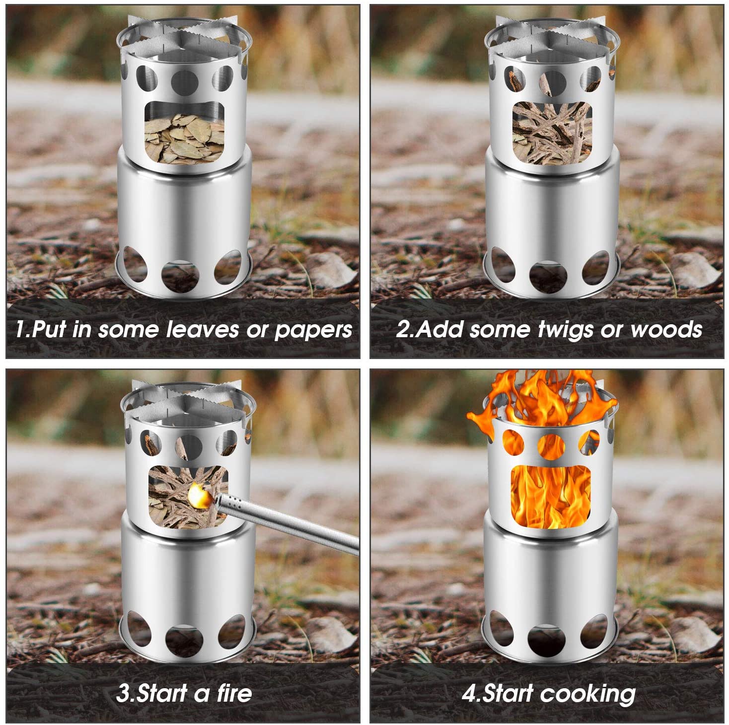 Odoland Wood Burning Camping Stove, Portable Lightweight Stainless