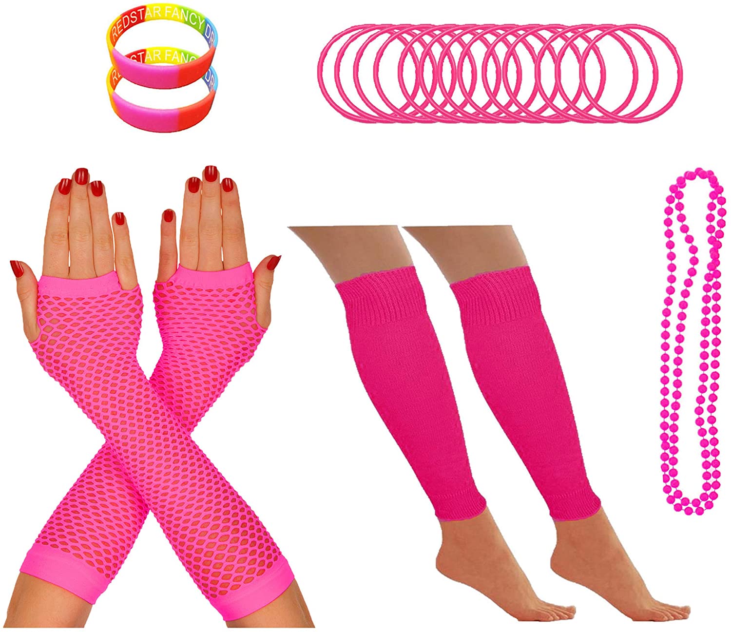 REDSTAR FANCY DRESS® Neon 1980s Party Outfit - Leg Warmers Fishnet Gloves Necklace Beads Gummies Neon Wristband (Pink)