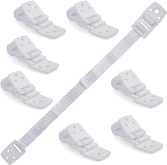 Bebe Earth Furniture Straps - Anti Tip Strap for Baby Proofing & Child Safety - 8 Pack of Adjustable TV & Wall Straps - Fixings to Anchor Shelves & Cabinets - White