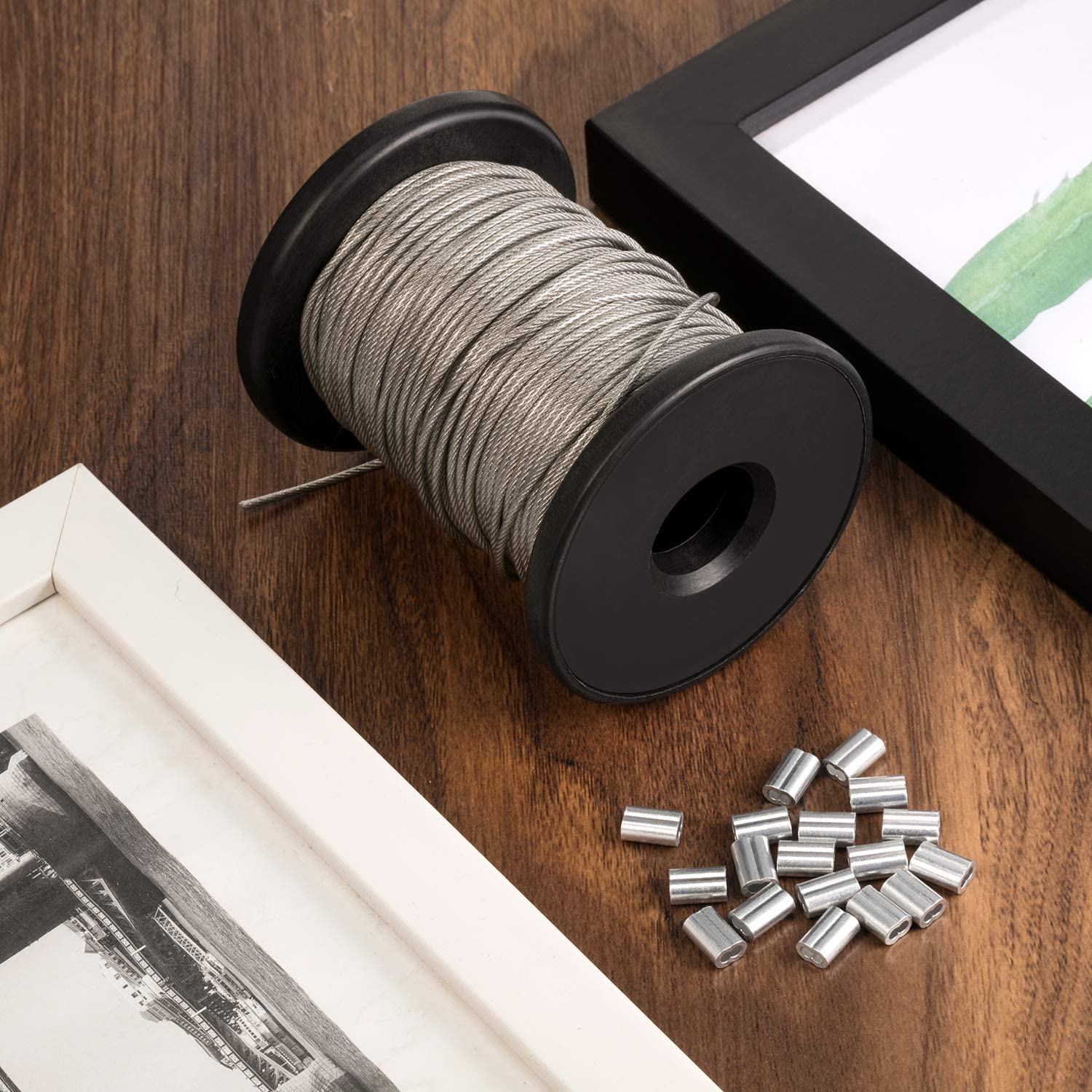 Vinyl Coated Picture Frame Hanging Wire, Stainless Steel Wire Spool with 20 Pieces Aluminum Crimping Loop Sleeve - Image 4