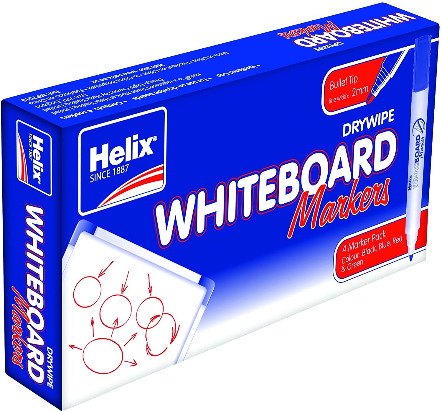 Helix Whiteboard Dry Wipe Marker Pens Bullet Tip x4 (Assorted), 1 count (Pack of 4)