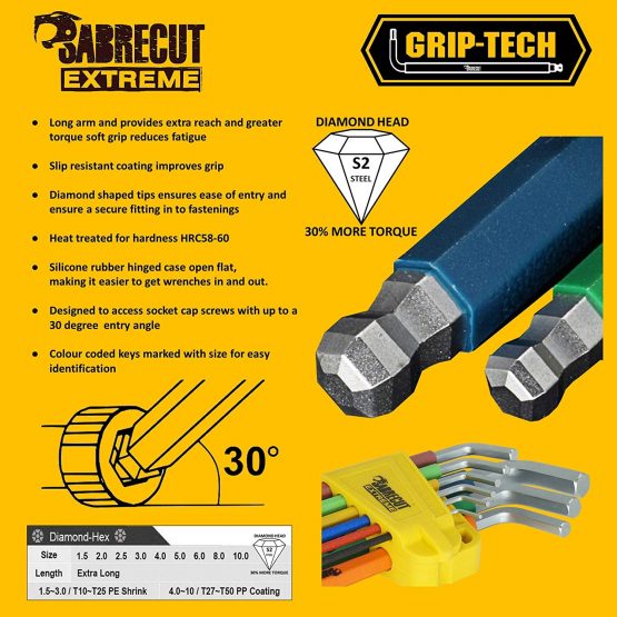 9 Piece SabreCut SCHEX009S Soft Grip Extra Long Hex, Hex Diamond (Hex Plus) Allen Key Set with Colour Coding - 1.5mm - 10mm - Image 4