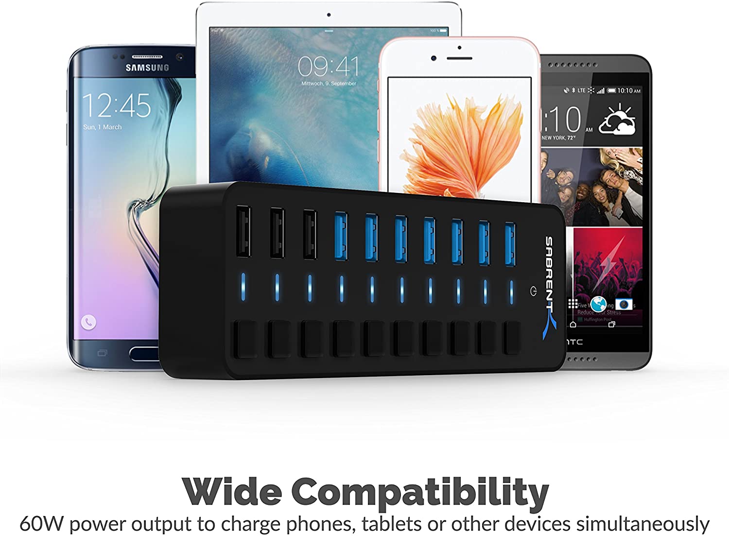 SABRENT Powered USB Hub 10 Ports 60W, 3 Smart Charging Ports, 7 Fast Data Transfer Ports, USB Docking Station with Switches (HB-B7C3) - Image 4