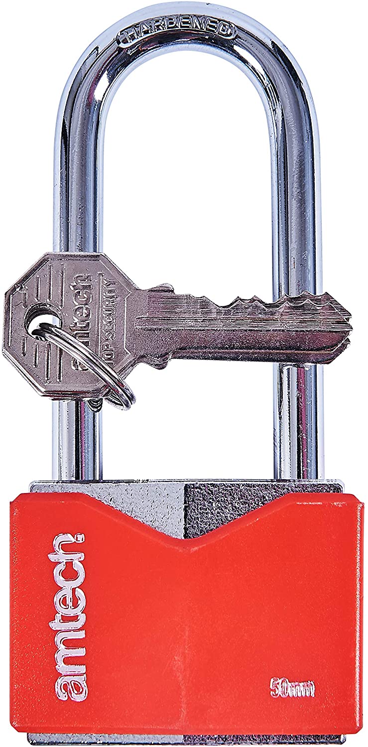 Amtech T0708 50mm Long Shackle Rhombic Chrome Plated Iron Padlock, Red