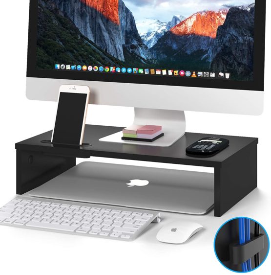 BONTEC Wood Monitor Stand Riser, Desk Monitor Stand with Smartphone Holder, Ergonomic Laptop Printer Stand with Cable Management for Computer, Notebook, iMac, PC, 1 Tier Black (W420 x D235 x H104mm)