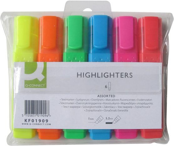 Q-Connect Highlighter Pens KF01909 - Assorted Colours, Pack of 6