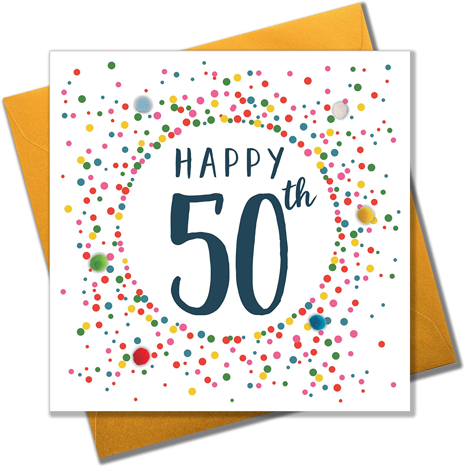 Claire Giles Greeting Cards, Happy 50th Birthday Card, Dotty Age 50 Greeting Card, Embellished with colourful Pompoms