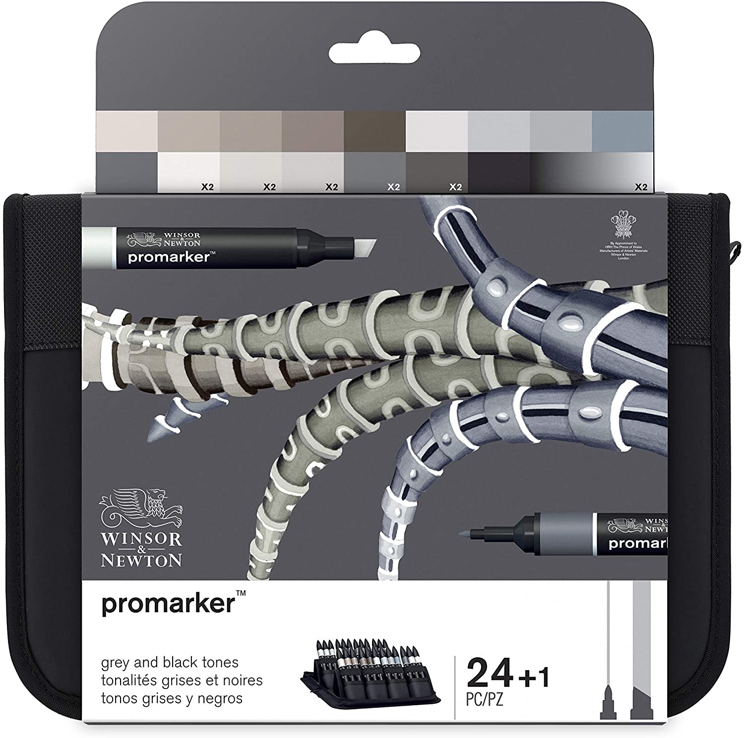 Winsor & Newton, Promarker, Black and Greys Wallet, Set of 24, Alcohol Based Dual Tip Markers, Grey and Black Tones