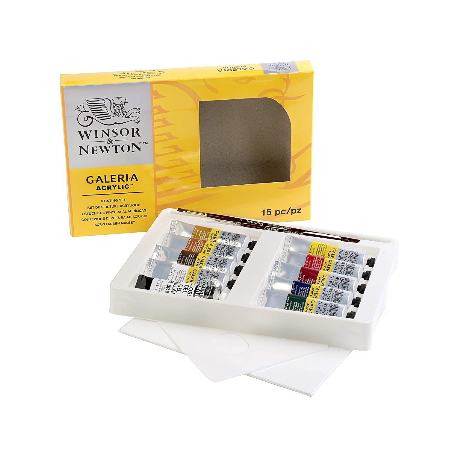 Winsor & Newton, Galeria Acrylic, 10x60ml Tube Set + 1 x Winsor Canvas Board, 1 x Plastic Palette, 2 x Galleria Brushes - Image 3