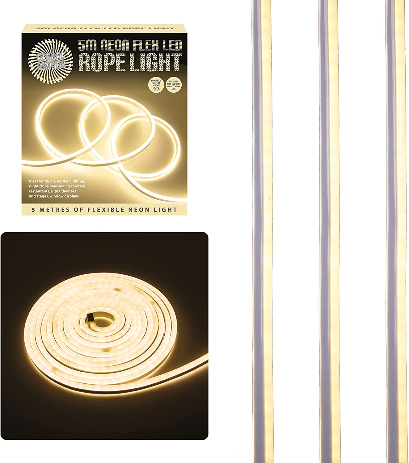 Global Gizmos 47530 5 Metre LED Strip Lights / Flexible Rope Lights / Neon Style Glow / Great for Bedrooms & TV Backlight / Indoors or Outdoors / Warm White Colour