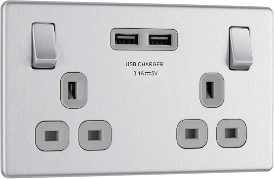 BG Electrical fbs22u3g Screwless Flat Plate Double Switched Fast Charging Power Socket with Two USB Charging Ports, 13 A, Brushed Steel, 16.3 cm*18.0 cm*3.1 cm - Image 3