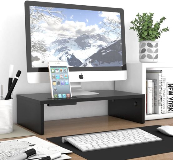 BONTEC Wood Monitor Stand Riser, Desk Monitor Stand with Smartphone Holder, Ergonomic Laptop Printer Stand with Cable Management for Computer, Notebook, iMac, PC, 1 Tier Black (W420 x D235 x H104mm) - Image 2