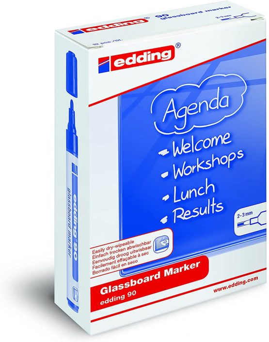 edding 90 Glassboard Marker - Multi-Coloured - 10 Glass Pens - Round Nib 2-3 mm - Washable Window Marker Pens - for Writing and Marking on Glass Surfaces Such As Windows and Glassboards - Dry-Wipeable