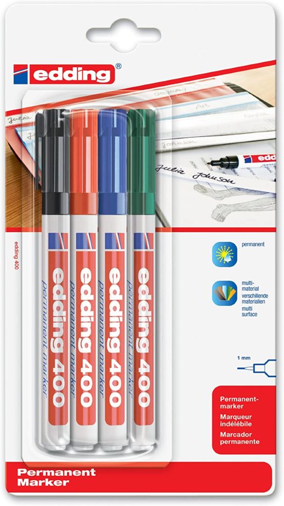 edding 400 Permanent Marker - Black, Red, Blue, Green - 4 Pens - Fine Round Tip 1 mm - Waterproof, Quick-Drying, Smear-Proof Pens - for Cardboard, Plastic, Wood, Metal, Glass and Fabric