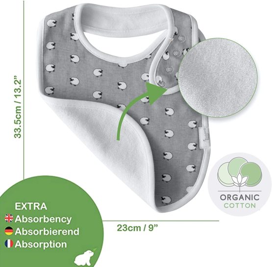 Budding Bear Premium Baby Feeding bibs (pack of 5) - 100% Organic Cotton Front and Absorbent Towel Backing - Baby Bibs for Girls and Boys with 4 Adjustable Nickel Free Snap Buttons - Grey and White - Image 2
