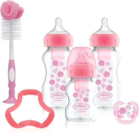 Dr. Brown's Natural Flow Options+ Anti-Colic Baby Bottles Gift Set, Pink