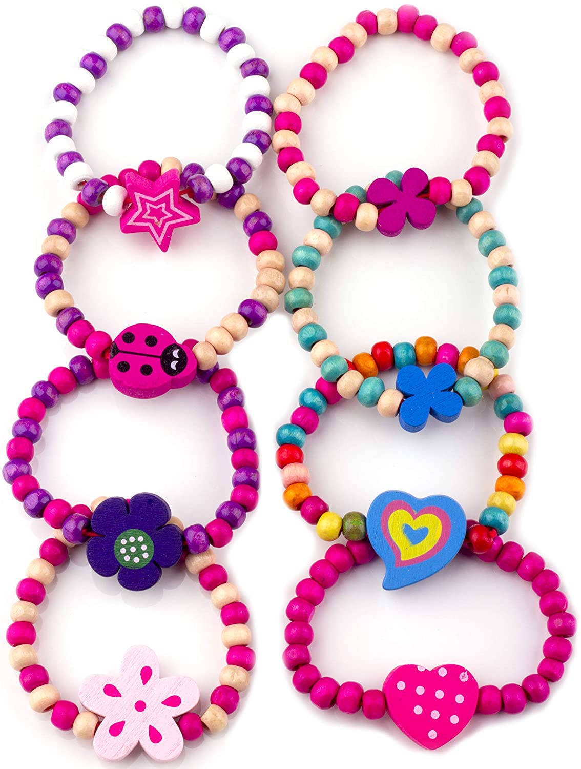 Little Princess Party Jewellery 8 Wooden Beaded Friendship Bracelets for Girls, Party Bag Fillers for Kids Party