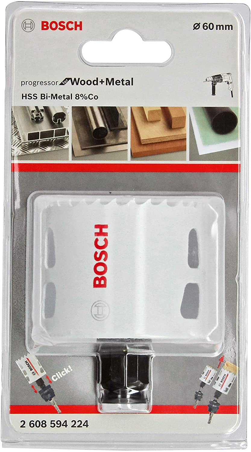 BOSCH Bi-Metal Hole Saw (for Wood and Metals 8% Cobalt Alloy, Progressive Tooth Design, diameter 60 mm, Accessory Drills)