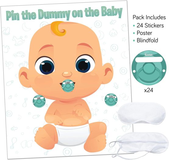 Baby Shower Game - Pin The Dummy on The - Includes 20 Stickers, Large Poster and Luxury Blindfold (Option 2)