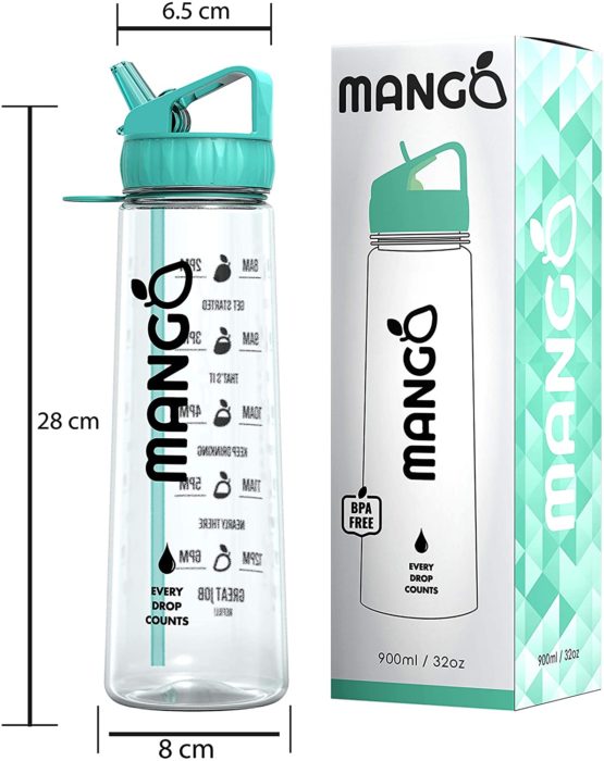 Mango Water Bottle With Straw 900ml Motivational Time Markings BPA