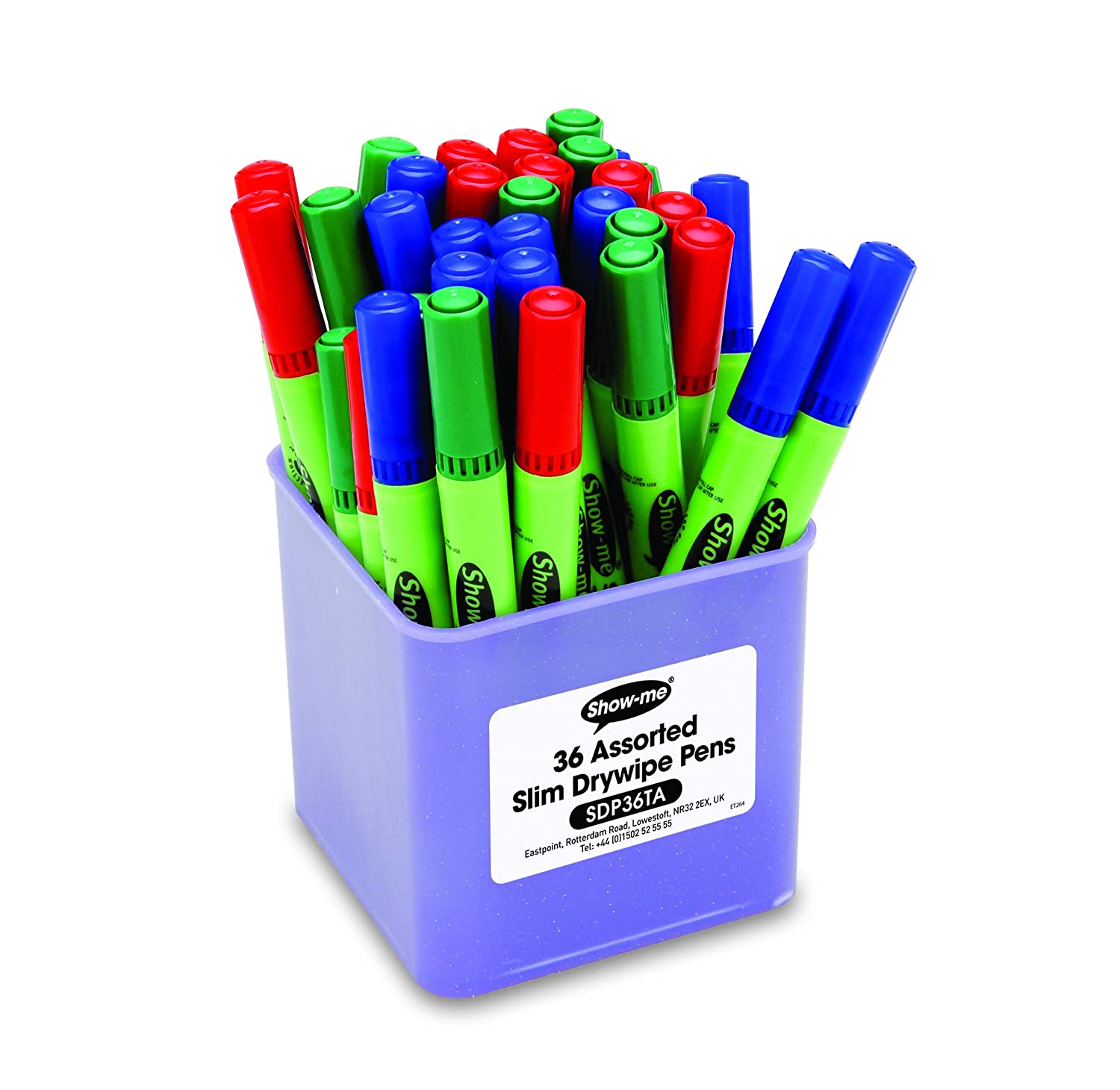 Show-me SDP36TA Medium Tip Dry wipe Pens, Classroom Tub, Assorted (Pack of 36), Blue, Red, Green, 36 Count (Pack of 1)
