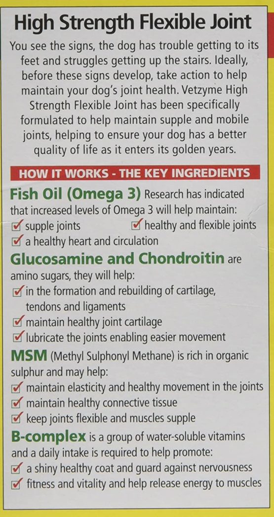 Vetzyme | High Strength Flexible Joint Tablets for Dogs, Promotes Supple and Mobile Joints | Tasty Chicken Treats with Glucosamine & Omega 3 (90 Tablets) - Image 2