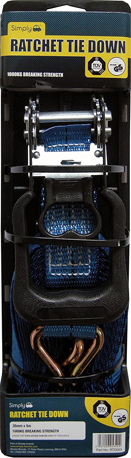 Simply RTD003 Ratchet Tie Downs - Pack of 1 - High Break Strength of 1000kg- Certified by TUB & GS - Easy to Use - 5m x 35mm Length