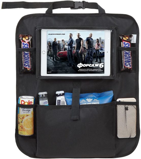 Tech Traders ® Back Seat Car Organiser with 10.1" iPad/Tablet Holder Touch Screen Kids Kick Mat Seat Protector Cover Universal Fit Multi Pockets Children’s Storage - Black