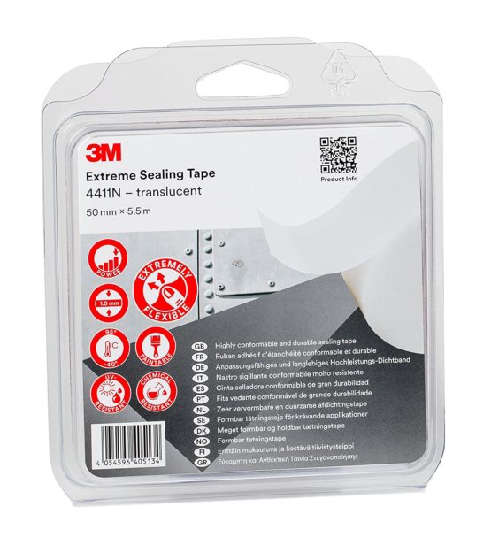 3M Extreme Sealing Tape 4411N - sticks on contact to many metals and plastics without drying time, dripping, oozing, or mess - 50 mm x 5.5 m, translucent, thickness 1.0 mm (1 Blister Pack)