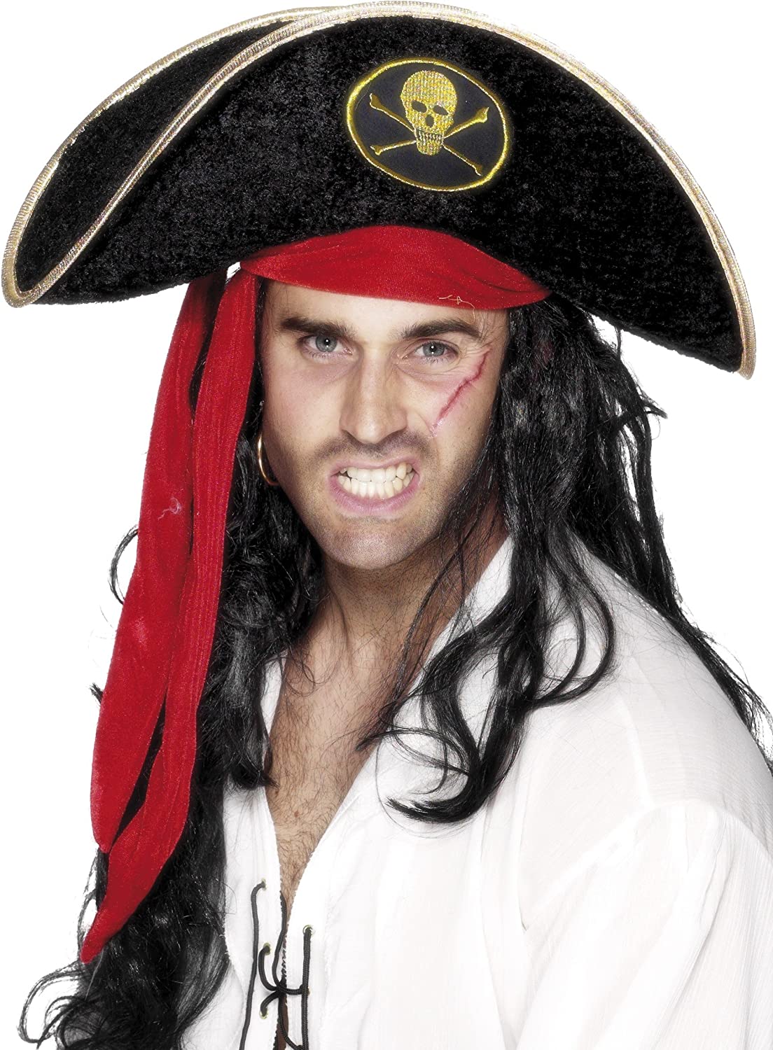 Smiffys Pirate Hat, Black with Skull and Crossbones, Pirate Fancy Dress, Pirate Dress Up Hats Halloween