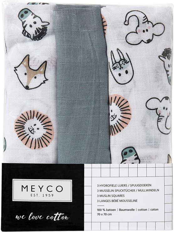 Meyco 452019 Muslin Muslin Nappies Set of 3 70 x 70 cm Animal Plain Stone Green/White - Image 2