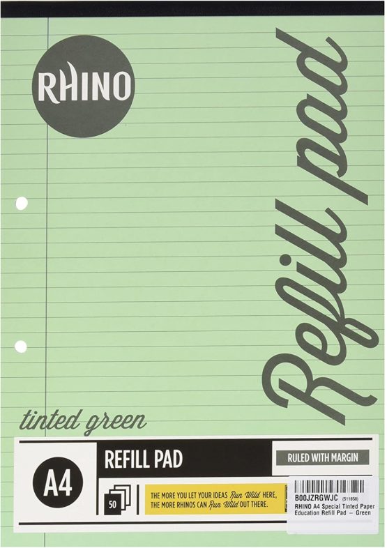 RHINO Stationery Special Education Refill Pad | A4 | Green Tinted Paper | 100 Page | 8mm Ruled with Margin | School Notepad | Pack of 1
